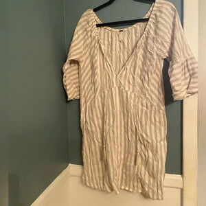Free People knee length dress - vertical stripes - 3/4 bell sleeve - linen blend